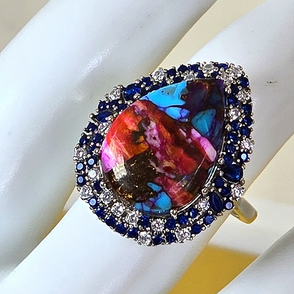 925 Sterling Silver Ring Sz 7.5 with Mohave Oyster Turquoise & Nano Crystals - Picture 6 of 12